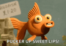 An animated orange fish with a wide-eyed, goofy expression says, "Pucker up, sweet lips!" The fish's exaggerated facial expression and the humorous line create a playful and quirky vibe. The setting appears to be a simple underwater scene, likely intended for comedic effect.