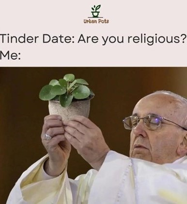 The image is a humorous meme featuring a priest holding up a small potted plant as if in a religious ritual. The text above reads, "Tinder Date: Are you religious? Me:" implying that the person reveres plants in a spiritual manner. The meme uses the context of a religious figure to humorously convey devotion to plants.